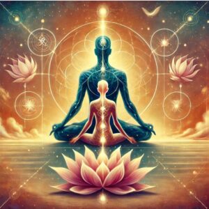 En spirituel illustration af energiflow og lotusblomster, der symboliserer balance og forening af krop og sjæl i forståelsen af hvad er tantra.